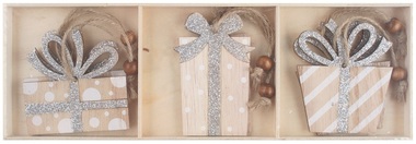 Drevené darčeky na zavesenie so striebornými trblietkami 8 cm, 6 ks v krabičke