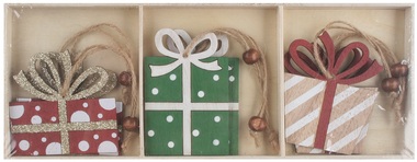 Drevené darčeky na zavesenie farebné 8 cm, 6 ks v krabičke