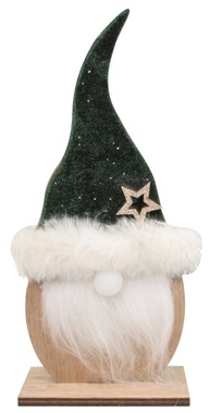 Drevená dekorácia škriatok s tmavozelenou čiapkou a LED nosom 19 cm