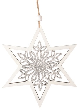 Drevená hviezda s vločkou na zavesenie 15 cm, biela 