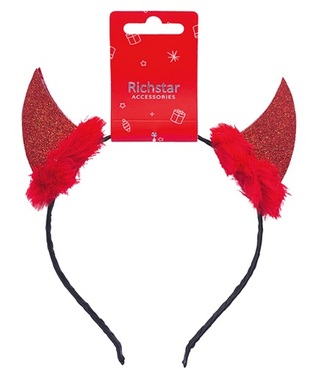 Čelenka do vlasov čertovské rohy z filcu s kožuškom červené, obvod 37 cm
