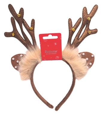 Čelenka do vlasov s parôžkami s glitrom, s rolničkami, kožúškom a uškami, obvod 37 cm