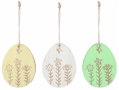 Vajcia drevené 5 x 7 x 0,5 cm na zavesenie, 6 ks v krabičke