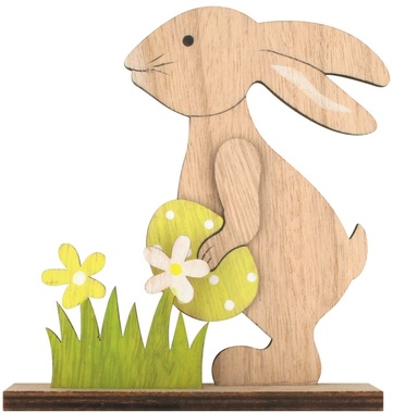 Stojací zajac drevený 13 cm so žltým vajíčkom 