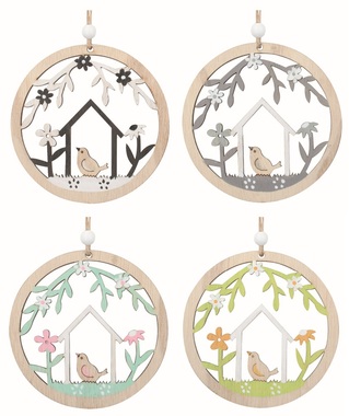 Jarná dekorácia Vták v kruhu z dreva10 x 10 x 0,5 cm na zavesenie