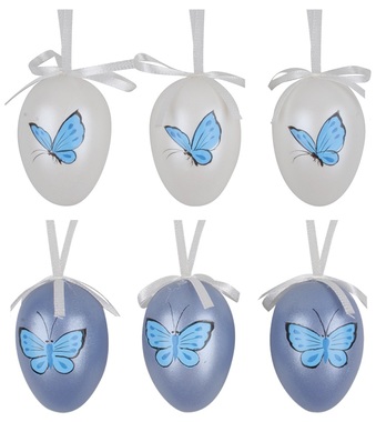 Modré a biele vajíčka s motýľmi 6 cm, 6 ks vo vrecku