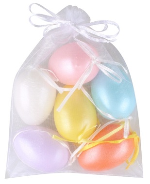 Plastové pastelové vajíčka na zavesenie 6 cm, 6 ks v organzovom vrecku