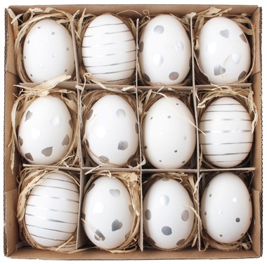 Vajíčka so strieborným dekorom 6 cm, 12 ks v škatuľke