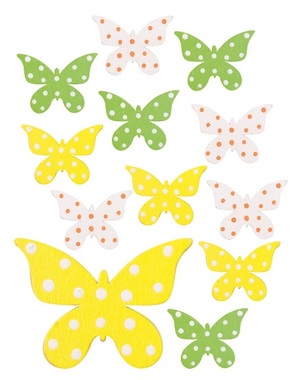 Motýliky drevené s lepíkom 3 farby 4 cm, 12 ks v sáčku