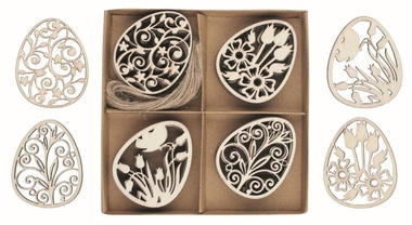Vajíčka vyrezávané drevené 4 x 5,5 x 0,2 cm, 16 ks v krabičke