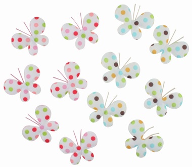 Motýle z látky s puntíkmi s lepíkom, 4,5 cm, 12 ks
