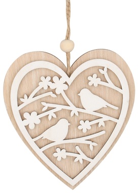 Srdiečko drevené s vtáčikmi na zavesenie 12 cm
