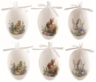 Veľkonočné vajcia plastové maľovanie Zajačikovia 6 cm na zavesenie, 6 ks v sáčku