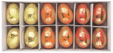 Sada veľkonočných plastových vajec So zlatým dekorom 6 cm na zavesenie, 12 ks v krabičke