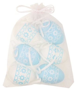 Vajíčka s kytičkami bielé/modré plastové na zavesenie 6 cm, 6 ks v organzovom vrecku