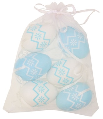 Vajíčka s kytičkami bielé/modré plastové na zavesenie 6 cm, 6 ks v organzovom vrecku