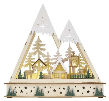Drevená vianočná krajina LED svietiaca, 25 x 6 x 23,5 cm, 2x AA, teplá biela, časovač