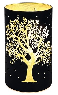 Svietiaci sklenený valec s motívom stromu - čierny, 15 x 9 cm, teplá biela, 10 LED, časovač