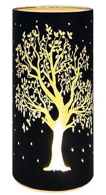 Svietiaci sklenený valec s motívom stromu - čierny, o 9 x 20 cm, teplá biela, 10 LED, časovač
