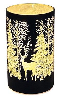 Svietiaci sklenený valec s motívom lesa - čierny,o 7,5 x 12,8 cm, teplá biela, 10 LED, časovač