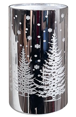 Svietiaci sklenený valec so stromom - strieborný, 15 x 9 cm, teplá biela, 10 LED, časovač