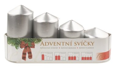 Strieborné adventné sviečky valcové lakované 60–105 × 50 mm, súprava 4 ks – postupka, výdrž až 30 h