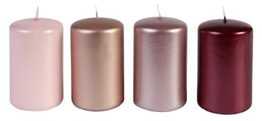 Ružové sviečky valcové lakované 60 × 100 mm, súprava 4 ks – mix odtieňov, výdrž až 30 h