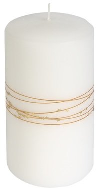 Biela sviečka valcová so zlatými prúžkami 70 × 140 mm – kolekcia Galaxy, výdrž až 50 h