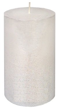 Biela sviečka valcová s glitrom 70 × 130 mm, výdrž až 44 h