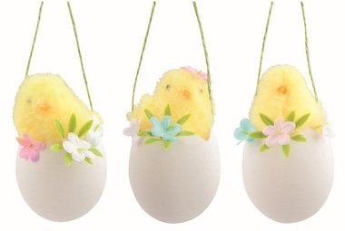 Kurča v škrupine s dekoráciami žlté 6 x 11 x 6 cm na zavesenie