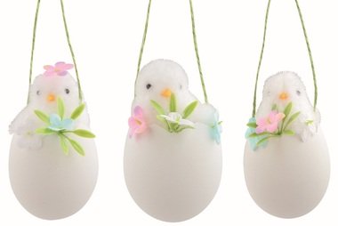 Kurča v škrupine s dekoráciami biele 6 x 11 x 6 cm na zavesenie