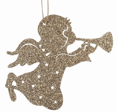 Anjel drevený zlatý s glitrami 11,5 x 10 x 0,3 cm na zavesenie