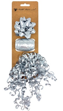 Súprava na balenie darčekov strieborná, rozeta 7 x 3,5 x 7 cm, stuha 0,5 cm x 10 m, kučera s lepíkom