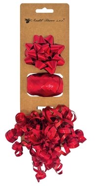 Súprava na balenie darčekov červená, rozeta 7 x 3,5 x 7 cm, stuha 0,5 cm x 10 m, kučera s lepíkom