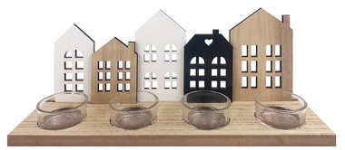 Drevený svietnik  na 4 sviečky s domčekmi čierna, biela, prírodná 28 x 13 x 8 cm