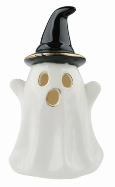 Svietiaci porcelánový Duch s klobúkom 7,5 x 13 x 7,5 cm, teplá biela, 1 LED, časovač