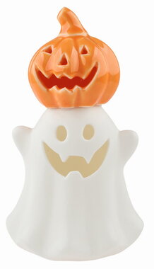 Svietiaci porcelánový Duch s tekvicou 8,5 x 15 x 8 cm, teplá biela, 1 LED, časovač
