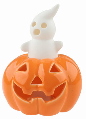 Svietiaca porcelánová Tekvica s duchom 9 x 12 x 9 cm, teplá biela, 1 LED, časovač