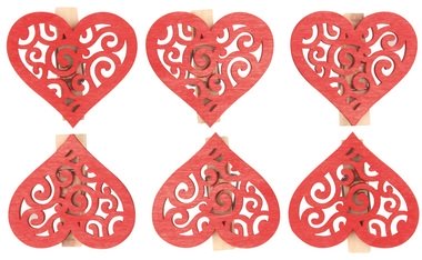 Srdce drevené s červeným kolíčkom 4 cm, 6 ks
