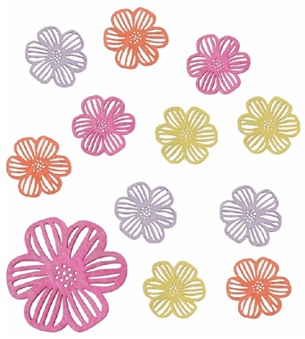 Kvety drevené mix štyroch farieb 2,5 x 2,5 x 0,3 cm, 12 ks vo vrecku