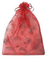 Červené vrecko z organzy so stromami a flitrami 26 x 35 cm
