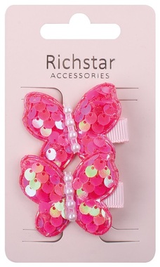 Sponky do vlasov s motýlikmi a flitrami tmavo ružové 4,5 x 3,5 x 0,5 cm, 2 ks
