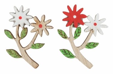 Kvietky drevené červené a biele 2,5 x 3,5 x 0,3 cm s lepíkom, 24 ks v krabičke