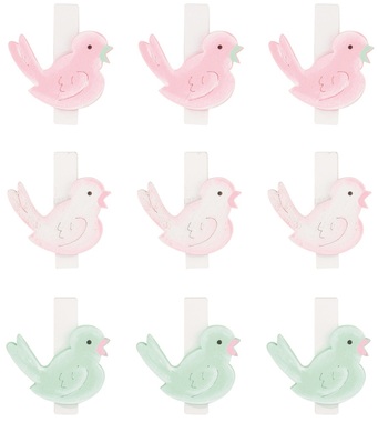 Vtáčik drevený 3 x 3 x 0,3 cm na štipci 9 ks pastelové farby