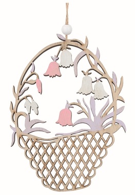 Vyrezávaný košík s fialovými kvetmi drevený 11 x 15 x 0,5 cm na zavesenie