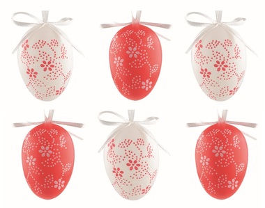 Veľkonočné vajcia plastová Kvety červené a biele 4 cm na zavesenie, 6 ks v sáčku