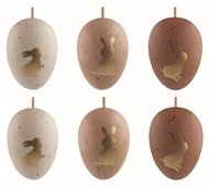 Veľkonočné vajcia plastové Zlatí zajačikovia na hnedom 6 cm na zavesenie, 6 ks v sáčku