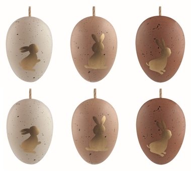 Veľkonočné vajcia plastové Zlatí zajačikovia na hnedom 6 cm na zavesenie, 6 ks v sáčku