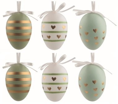 Veľkonočné vajcia plastové Zlatá srdiečka 6 cm na zavesenie, 6 ks v sáčku