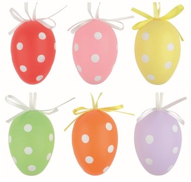Veľkonočné Veľkonočné vajcia plastové farebné Bodky 6 cm na zavesenie, 6 ks v sáčku
